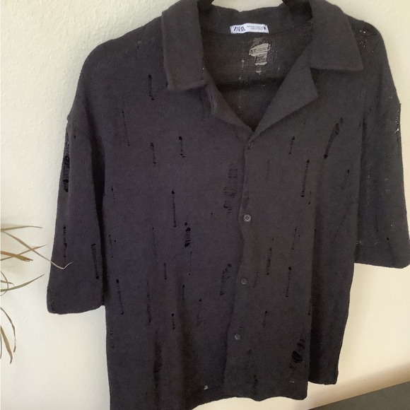 Zara Men's Shirt Distressed Knit Button Down Black Size M Resortwear Top - Picture 3 of 5